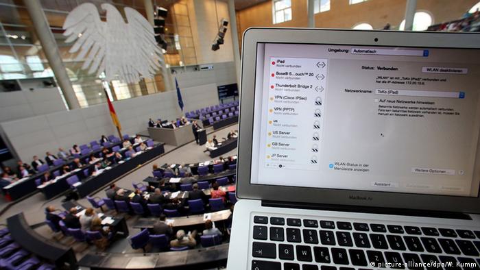 laptop on the background of the meeting room of the bundestag