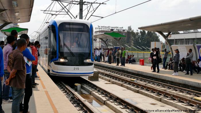 People in wait to board a tram line in Ethiopia's capital Addis Ababa.