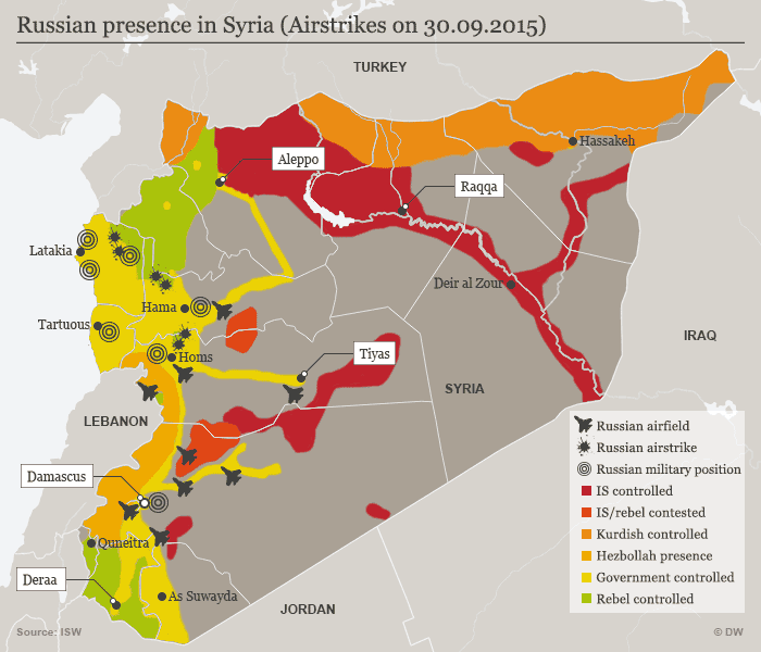 Karte Russische Präsenz und Luftangriffe in Syrien englisch