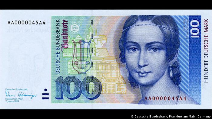 Портрет Клары Шуман и достопримечательности Лейпцига на купюре в 100 немецких марок образца 1990 года