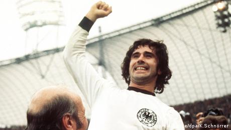 Gerd Müller celebrates winning the 1974 World Cup in Munich's Olympic Stadium