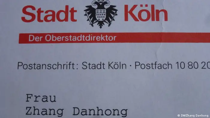 Deutschland Brief der Stadt Köln an Zhang Danhong