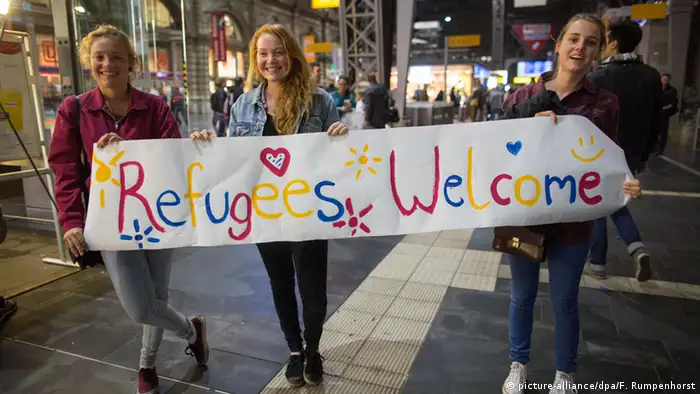 Deutschland Flüchtlinge willkommen Plakat in Frankfurt am Main