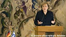 German Chancellor Angela Merkel is seen speaking in the Chagall state hall ahead of a special session of the Israeli parliament, or Knesset, in Jerusalem, Israel, 18 March 2008. Merkel addressed the Knesset in German, becoming the first head of government to do so. The honour has largely been reserved for presidents and other heads of state. Two German presidents have spoken to the Knesset in German since 2000, and hearing the language associated so strongly with the Nazi genocide of six million Jews elicited little reaction in Israel. EPA/SEBASTIAN SCHEINER +++(c) dpa - Report+++