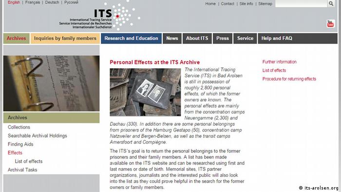 Screenshot Webseite Internationaler Suchdienst über Holocaust