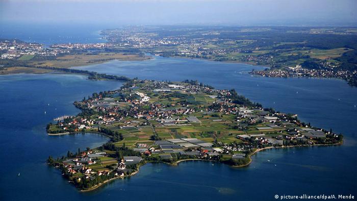 An aerial view of the island of Reichenau in Lake Constance.