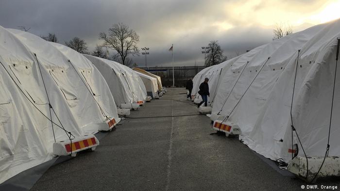 Tents that serve as housing for refugees in Malmö, Sweden