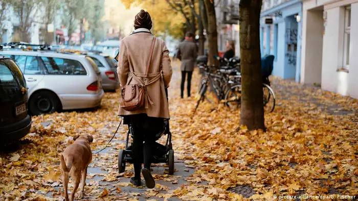 Women with dog and stroller walking through leaves in the city (picture-alliance/dpa/G. Fischer)
