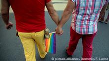 Santiago, Chile. 19th July 2014 -- A LGBT couple holding hands marches through the streets of Santiago to commemorate International Pride Day in Chile. -- Thousands of lesbian, gay, bisexual, transgender and heterosexual revelers celebrate the International Pride Day with a massive march in Santiago de Chile picture-alliance/Demotix/F. Lavoz
