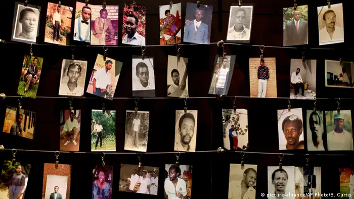 Family photographs of some of those who died hang in a display in the Kigali Genocide Memorial Centre in Kigali, Rwanda
