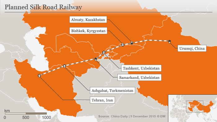 Infografik Geplante Seidenstraßen-Zugverbindung Asien Englisch