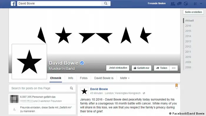 Screenshot Facebook David Bowie