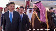 19.01.2016 Saudi Deputy Crown Prince and Defence Minister Mohammed bin Salman (R) welcomes Chinese President Xi Jinping upon Xi's arrival in Riyadh January 19, 2016. REUTERS/Saudi Press Agency/Handout via Reuters ATTENTION EDITORS - THIS IMAGE WAS PROVIDED BY A THIRD PARTY. REUTERS IS UNABLE TO INDEPENDENTLY VERIFY THE AUTHENTICITY, CONTENT, LOCATION OR DATE OF THIS IMAGE. IT IS DISTRIBUTED EXACTLY AS RECEIVED BY REUTERS, AS A SERVICE TO CLIENTS. FOR EDITORIAL USE ONLY. NOT FOR SALE FOR MARKETING OR ADVERTISING CAMPAIGNS. NO RESALES. NO ARCHIVE. © Reuters/Saudi Press Agency