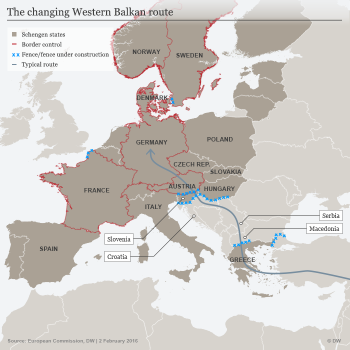 Infografik Flüchtlingsroute und Grenzkontrollen im Schengen-Raum Englisch