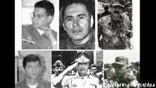 Bildkombo von Picture Alliance epa05150457 A composite picture with undated file pictures shows six of the 16 Salvadorean militarymen asked by Spain in extradition over the killing of six Jesuit priests (L-R Top) Jose Ricardo Espinoza, Humberto Lairos and Rene Emilio Ponce (L-R Bottom) Gonzalo Guevara, Rafael Bustillo and Francisco Elena Fuentes. Former Salvadorean militarymen won't turn themselves in to authorities said their lawyer during a press conference on 08 February 2016 in San Salvador, and called authorities to release four people detained and waiting for extradition. As part of the Peace Treaty that ended the 1980-82 civil war in El Salvador, an order was issued ceasing the investigation of the war crimes committed during the conflict. +++(c) dpa - Bildfunk+++ picture-alliance/dpa