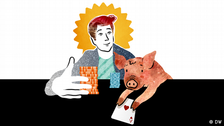 Ein Mann nimmt sich Pokerchips während neben ihm ein Schwein ein Ass zeigt (Copyright: DW)