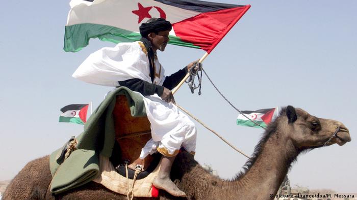 A Sahrawi man holds a flag of the Democratic Arab Republic of Sahara, a state which would be set up in Western Sahara