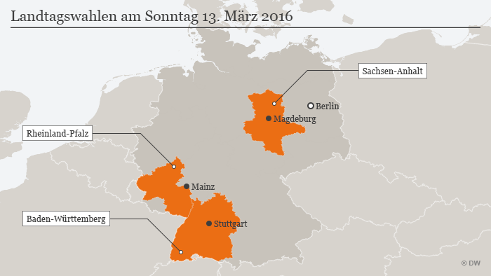 Karte Landtagswahlen in drei Bundesländern am 13.3.2016 Deutsch
