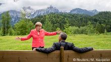 08.06.2015 German Chancellor Angela Merkel speaks with U.S. President Barack Obama outside the Elmau castle in Kruen near Garmisch-Partenkirchen, Germany, June 8, 2015. Leaders of the Group of Seven (G7) industrial nations vowed at a summit in the Bavarian Alps on Sunday to keep sanctions against Russia in place until President Vladimir Putin and Moscow-backed separatists fully implement the terms of a peace deal for Ukraine. REUTERS/Michael Kappeler/Pool TPX IMAGES OF THE DAY Copyright: Reuters/M. Kappeler