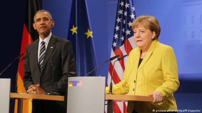 Анґела Меркель та Барак Обама під час прес-конференції в Ганновері, 24 квітня 2016 року