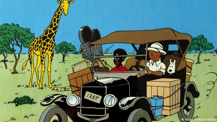 Tim, Struppi sitzen gemeinsam mit einem Kongolesen in einem Wagen. Im Hintergrund sieht man eine Giraffe. 