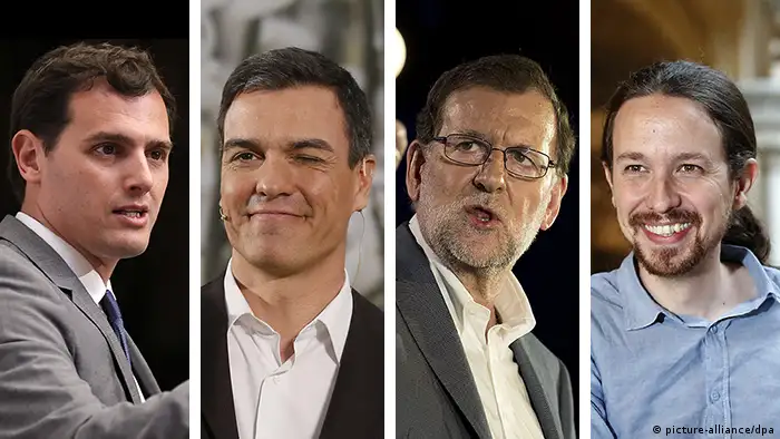 Bildkombo Spanische Spitzenkandidaten Rivera, Sanchez, Rjoy, Iglesias