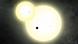 Artist rendering of planet Kepler 1647b shows a small black dot in front of a double sun. Artist rendering of planet Kepler 1647b shows a small black dot in front of a double sun.