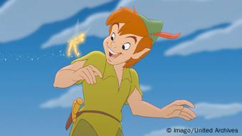 A still from the animated film featuring Peter Pan and Tinkerbell on his shoulder.