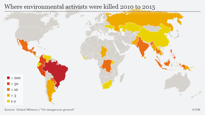 Infographic map where environmental activists were killed in 29015
