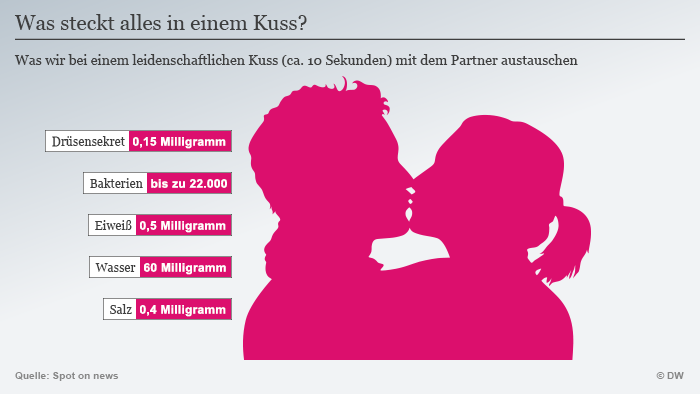 Was steckt in einem Kuss: Auflistung, was Partner während eines Kusses austauschen. (Infografik: DW)