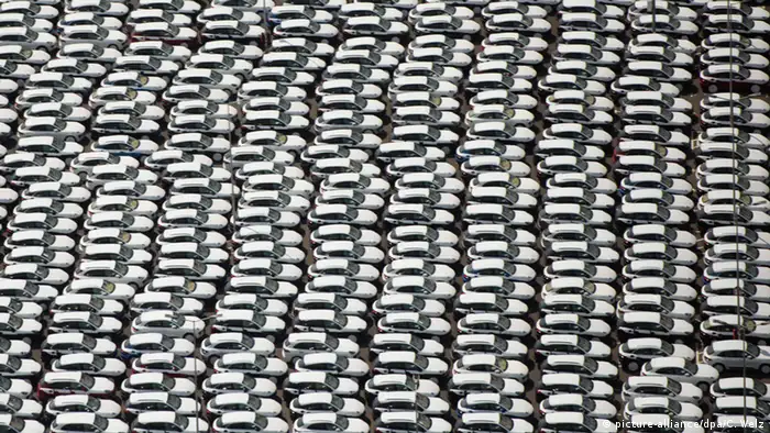 Porsche cars in a German factory lot