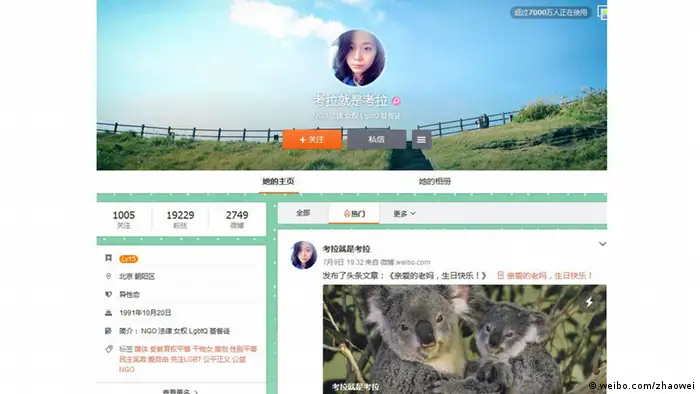Screenshot der Webseite Weibo der chinesischen Aktivistin Zhao Wei.