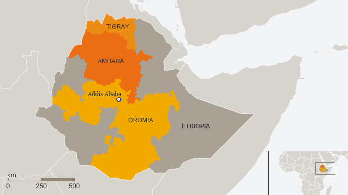 Map of Ethiopia showing ethnic regions