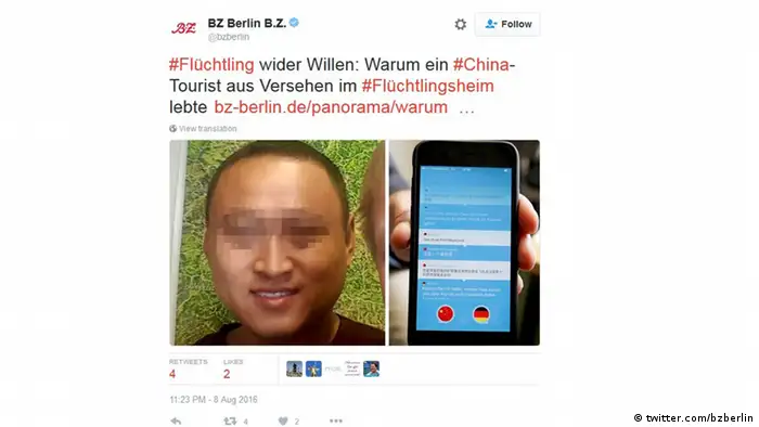 Screenshot Twitter/BZ Berlin Mutmaßlicher Tourist aus China, der Asyl beantragte