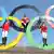 Hipistas posam dentro de símbolo das Olimpíadas no Rio