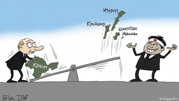 Karikatur Russland und Japan streiten über die Zugehörigkeit von Kurilen-Insel
