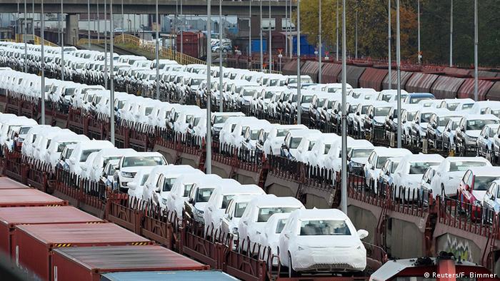 Volkswagen cars are loaded on trains at the truck gate Fallersleben at the Volkswagen headquarters in Wolfsburg