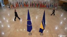 (160215) -- SARAJEVO, Feb. 15, 2016 -- People walk in front of flags of EU and Bosnia and Herzegovina (BiH), in Sarajevo, BiH, on Feb. 15, 2016. Bosnia and Herzegovina (BiH) on Monday formally submitted the application to join the European Union (EU), some 20 years after the bloody Bosnia War in 1990s. ) BOSNIA AND HERZEGOVINA-SARAJEVO-APPLICATION FOR EU MEMBERSHIP HarisxMemija PUBLICATIONxNOTxINxCHN (c) Imago