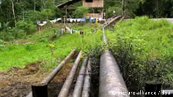 General view of oil pipelines that have been placed near a house at Yasuni National Park, in the Ecuadorean Amazonia, on Thursday 05 August 2004. Environment activists from Ecuador, Colombia, Brazil, Spain, Belgium, Peru and Canada held today a press conference in Quito to ask the Ecuadorean government to deny the environment permit that Brazilian Petrobras oil company has requested to work at Yasuni National Park. The activists said that the indigenous inhabitants have denounced environment damages as a consequence of oil companies operations, such as Spaniard-Argentinian Repsol and Canadian Encana. Foto: Nathalie Weemaels dpa