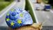 A snail with an EU flag painted on her back crawl across a highway bridge with cars underneath A snail with an EU flag painted on her back crawl across a highway bridge with cars underneath