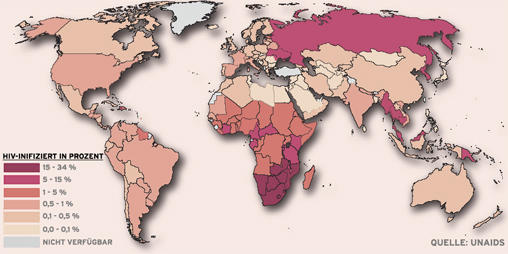 Karte Welt Infizierte HIV-Fälle in Prozent 2006 Quelle UNAIDS