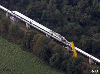 An aerial view of the smashed Transrapid train after the accident