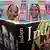 Indische Frauen posieren auf der Frankfurter Buchmesse mit einem Buch über Indien vor Schriftzeichen aus verschiedenen indischen Regionen