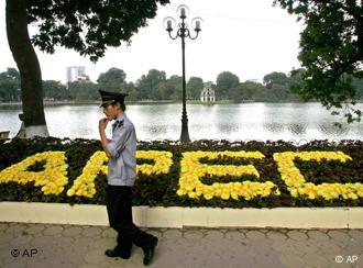 Polizist vor einem Blumenbeet mit Apec-Schriftzug (Foto: AP)