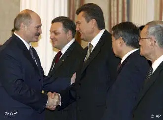 明斯克独联体峰会：白俄罗斯总统卢卡申科（左）欢迎乌克兰总理雅努科维奇