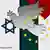 A graphic showing the Israeli, Palestinian and EU flags, a dove
