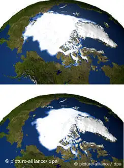 北极地区从1979年（上图）到2005年（下图〕冰雪融化的卫星图比较