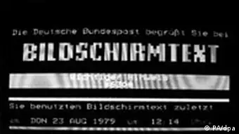 Das Eröffnungsbild von Bildschirmtext, der von der Deutschen Bundespost 1979 beim Probelauf angeboten wurde