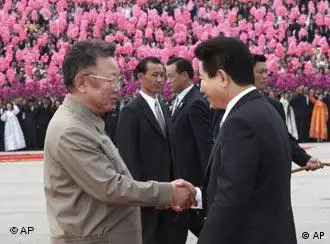 金正日（左）与卢武铉在平壤握手