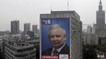 An election campaign poster of Polish Prime Minister Jaroslaw Kaczynski on a building in Warsaw